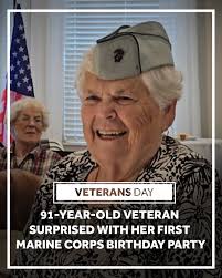 On the eve of Veterans Day, a 91-year-old veteran was surprised with her  first Marine Corps birthday party.  http://www.wgal.com/article/northern-kentucky-veteran-ruth-wilkinson-walton/69383282