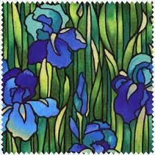 Blue Iris And Green Grass Stained Glass Fabric 1 Yard Etsy Stained Glass Flowers Stained Glass Projects Stained Glass