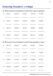 ordering 6 digit numbers worksheets