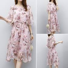 Korean Women Chiffon Dress Summer Floral Print Ruffle Short Sleeve Beach Holiday Chiffon Summer Dress Dresses Chiffon Dress