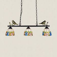 Flower Linear Chandelier With Bird 3 Lights Tiffany Style Stained Glass Island Light For Kitchen Beautifulhalo Com