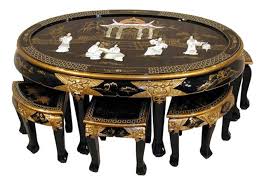 This vintage piece features an oval top with. Chinese Coffee Table With Stools