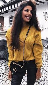 100 Adorable Outfit Ideas To Wear This Winter Yellow Crew Neck Sweater Youroutfitideas Com Outfit Fash Fashion Pretty Winter Outfits Autumn Fashion Women