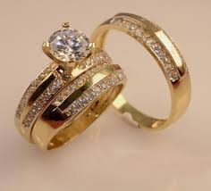 Round Diamond Engagement Wedding Band 14k Yellow Gold Over His Her Trio Ring Set Br925silverczj Wedding Ring Trio Wedding Rings Vintage Wedding Ring Trio Sets