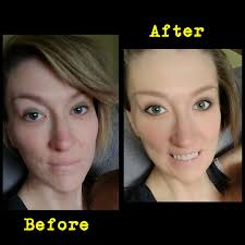 30-minute before and after with SeneGence: Climate Control Color correcting  tinted moisturizer Green and light concealer Cream beige and pearlizer  foundation Onyx for brows Garnet and sandstone pearl shimmer ShadowSense  LashSense Pouty