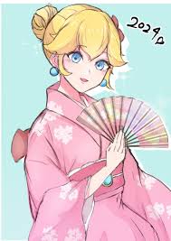 ayaka 00709, princess peach, princess peach (kimono), mario (series), mario  kart, mario kart tour, nintendo, highres, 1girl, blonde hair, blue eyes,  earrings, hair bun, hand fan, japanese clothes, jewelry, kimono, long hair,  long sleeves, looking at viewer, wide ...