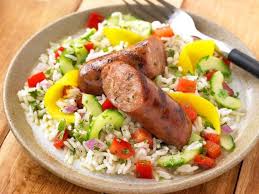 Aidell's sausage fresh stir fry w/ freshly grilled pineapple. Spicy Mango And Jalapeno Sausage With Basmati Rice Peppers Onions Sausage Recipes For Dinner Gourmet Sausage Chicken Sausage Recipes