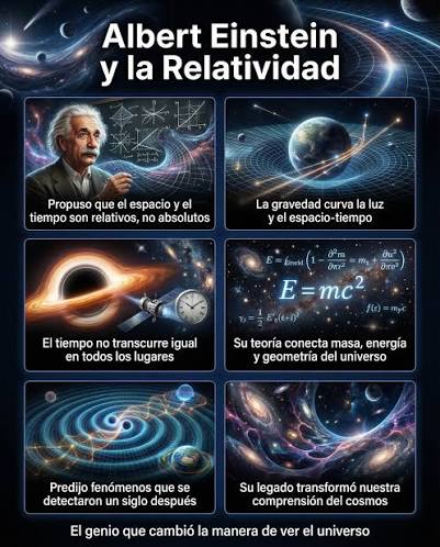 Albert Einstein demostró que el espacio y el tiempo son relativos y que la  gravedad curva la luz y el espacio-tiempo. Su trabajo transformó nuestra  comprensión del cosmos y la física moderna. #