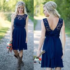 Country Style 2020 Royal Blue Knee Length Lace Chiffon Bridesmaid Dresses For Weddings Cheap Jewel Backless Zipper Back Summer Beach Dresses