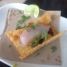 The flavors in these margarita fish tacos are off the hook! The Fish Taco Tequila Cured Kingfish With Caramelised Onion Gucamole Picture Of Jah Bar Dee Why Tripadvisor