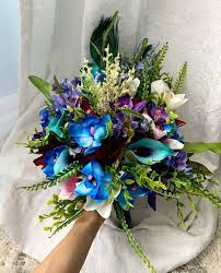 Wedding Bouquet Tropical Green Blue Purple Fuchsia Bouquets Etsy In 2022 Teal Wedding Bouquet Purple Wedding Theme Gold Wedding Flowers