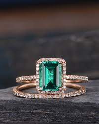 Lab Emerald Bridal Sets Wedding Ring Rose Gold Engagement Ring Etsy Rose Gold Engagement Ring Set Matching Ring Set Rose Gold Engagement Ring Etsy