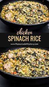 One Pan Healthy Chicken And Rice Recipe With Spinach Homemade Mastery Recipe Healthy Chicken Recipes Easy Rice Dishes Healthy Easy Chicken Recipes