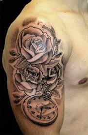 Grey Roses And Clock Tattoo On Man Right Half Sleeve Half Sleeve Tattoo Half Sleeve Tattoos Designs Sleeve Tattoos