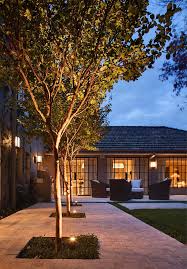 Crepe Myrtle Underplanted With Trachelospermum Asiaticum In Cutouts Within Travertine Cobble Stone Paved Area Ar Backyard Landscape Design Landscape Lighting