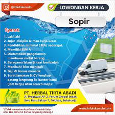 Harapan jaya alumunium saat ini sedang membuka lowongan kerja, segera untuk 2 kandidat terbaik, guna menempati posisi sebagai : Lowongan Kerja Sopir Pt Herbal Tirta Abadi Di Solo Info Loker Solo