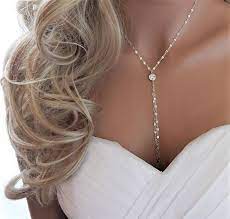 Cubic Zirconia Lariat Y Necklace This Very Elegant Lariat Necklace With A Double Chain Dro Wedding Accessories Jewelry Back Necklace Rose Gold Necklace Wedding