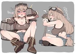 wagashi (dagashiya), original, light brown hair, absurdres, bad id, bad  twitter id, highres, 1girl, alcohol, barrel, beer, blue eyes, boots,  breasts, cleavage, crop top, gloves, goggles, goggles on head, hair between  eyes,