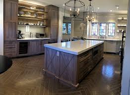 with grey stained oak cabinets