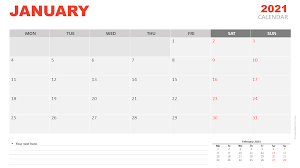 January 2021 Calendar For Powerpoint And Google Slides These calendars are great for family, clubs, and other quickly print a blank yearly 2021 calendar for your fridge, desk, planner or wall using one of our pdfs or images. january 2021 calendar for powerpoint