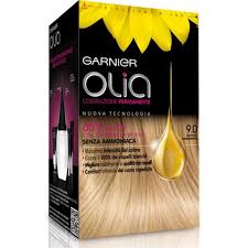 Olia is an ammonia free permanent hair color made with a 60% oil blend with natural flower oils to deliver brilliant color and visibly healthier hair that's hydrated, silky, and up to 3x shinier*. Garnier Permanent Hair Dye Olia Without Ammonia Light Blond 9