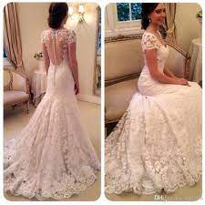 New Cap Sleeve Lace Mermaid Wedding Dresses Vintage Applique Sheer Backless Bridal Gowns White Ivory Wedding Dress V Neck Romantic Wedding Dresses Vintage Weddi Lace Mermaid Wedding Dress Trumpet Wedding Dress Lace