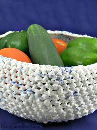 Depending on the width of the strips and how the yarn is processed, it is possible to it is also possible to utilize plastic bag yarn in crochet work, for those who prefer to crochet. Upcycled Bags Basket Bowl Crochet Project Reuse Grow Enjoy