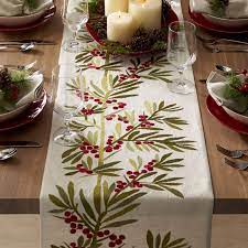 Gorgeous Botanical Table Runner Embroiders Graceful Berried Sprigs On A Natural Christmas Table Cloth Embroidered Table Runner Christmas Table Runner