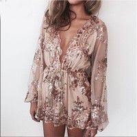 Black And Gold Sequin Romper Women S Jumpsuits Gold Sequin Embroidery Elegant Romper Shorts Transparent Mesh Sleeve Deep V Neck Romper Wish Fashion Jumpsuits For Women Sequin Rompers