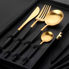 Luxury Camping Gold Cutlery Set Stainless Steel Dinnerware With Gift Box Black Handle Knife Fork Teasp Gold Cutlery Set Cutlery Set Stainless Steel Cutlery Set