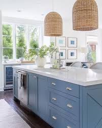 Coastal Kitchen Reveal In 2020 Coastal Inspired Kitchens Blue Kitchen Island Grey Blue Kitchen