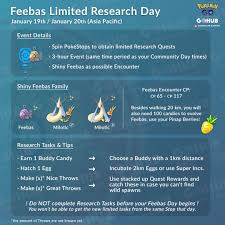 Aug 22, 2019 · evolving feebas for the 'a thousand year slumber' special research in pokémon go will take a very long time. Couple Of Gaming On Twitter Feebas Research Day Is Soon To Come And Here S A Little Summary For You Guys To Be Fully Prepared And Ready To Try Your Best And Get
