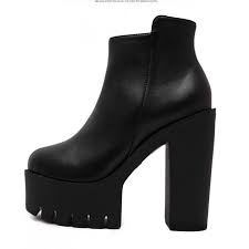Black Platforms Block Cleated Sole High Heels Ankle Boots Shoes