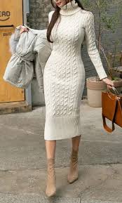 Turtleneck Twist Knitted Long Dresses Long Knitted Dress Winter Dress Outfits Knit Fashion