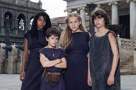 the four friends looking solemn on the set of empire studios tunisia in 2006 filming the roman mysteries season one http mystery tv series ancient rome film