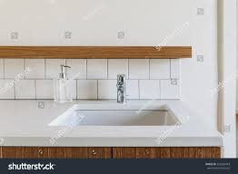 modern bathroom sink subway tile