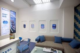 Inspired By An Airplane Interior This Travel Agency Was Designed By Zara In Armenia Office Interiors Office Interior Design Agency Office