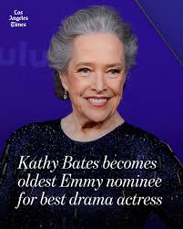 At 77, Kathy Bates is now the oldest Emmy nominee for lead actress in a  drama series. She stars as septuagenarian lawyer Madeline Matlock in the  CBS series "Matlock."  https://www.latimes.com/entertainment-arts/tv/live/emmy-nominations-2025-full  ...
