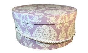 Hat Box In Purple And White Damask Large Decorative Fabric Covered Hat Boxes Round Storage Box Keepsake Boxes With Lid Fabric Decor Hat Boxes White Damask