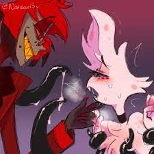 2boys after fellatio after oral after sex alastor (hazbin hotel)  angel dust (hazbin hotel) blush chest tuft choker clothed deer demon  exhausted hazbin hotel looking at partner looking down
