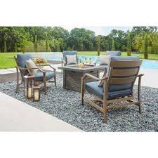 Bridewell 5 Piece Aluminum Patio Fire Pit Conversation Set With Sunbrella Action Denim Cushions Fire Pit Furniture Patio Furniture Fire Fire Pit Sets