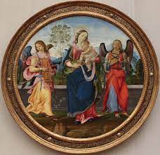 Raffaellino Del Garbo 1466 1524 Maria Con Il Bambino E Due Angeli Musicanti 1496 98 Tempera Su Tavola Di Pioppo Diametero 84 Cm Gemaldegalerie Berli Berlino Tempera Angeli