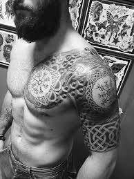 I Like The Vegvisir And Helm Of Awe Conjoined Through The Rest Of The Tattoo Viking Tattoo Sleeve Scandinavian Tattoo Shoulder Armor Tattoo