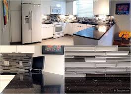 White Kitchen Cabinets Black Galaxy Countertop Gray Glass Mosaic Backsplash Tile Jpg 7 Brick Backsplash Brick Tile Backsplash White Cabinets Black Countertops