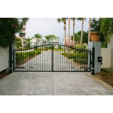 Mighty Mule St Augustine 12 Ft W X 5 Ft H Powder Coated Steel Dual Driveway Fence Gate G2512 Kit The Home Depot Driveway Gate Fence Gate Driveway