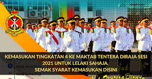 Anjuran syarat & peraturan penyertaan makluman  program ini adalah anjuran perkasa, ipoh. Kemasukan Tingkatan 4 Ke Maktab Tentera Diraja Sesi 2021 Untuk Lelaki Sahaja Semak Syarat Kemasukan Disini