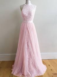 A Line Sleeveless Halter Tulle With Lace Sweep Brush Train Dresses Pink Long Dress Light Pink Prom Dress Pink Formal Dresses