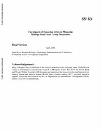 Describing macroeconomic phenomena as the emerging patterns of a complex system. The Impacts Of Economic Crisis In Mongolia Findings From Focus Group Discussions