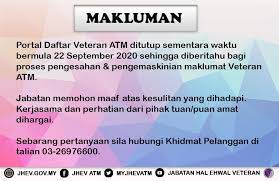 Kementerian pertahanan, 301 medan tuanku, jalan tuanku abdul rahman, 50802 kuala lumpur, malaysia. Jhev Atm Portal Daftar Veteran Atm Ditutup Sementara Facebook