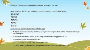 Seharusnya institusi raja wajar dipertahankan kerana institusi raja adalah penerusan tradisi untuk mengekalkan identiti negara bangsa, satu lambang kedaulatan iaitu payung mahkota negara. Sejarah Tahun 5 Tajuk 1 Warisan Negara Kita
